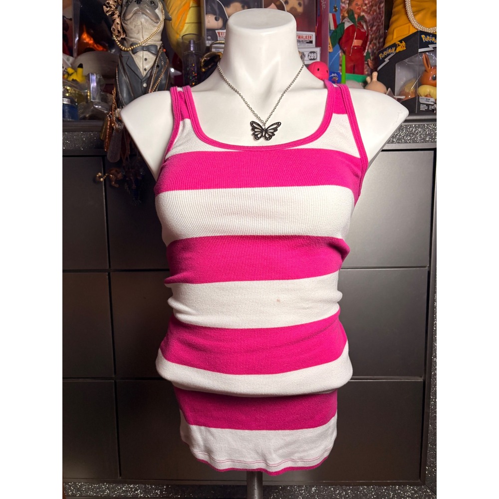 Y2K Old Navy Pink White Striped Ribbed Perfect Tank Top Medium #2